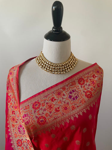 Banarasi Katan Silk Meenakari Saree | Pink | Gold Zari & Thread Work | Handwoven | Silk Mark | Ships from California